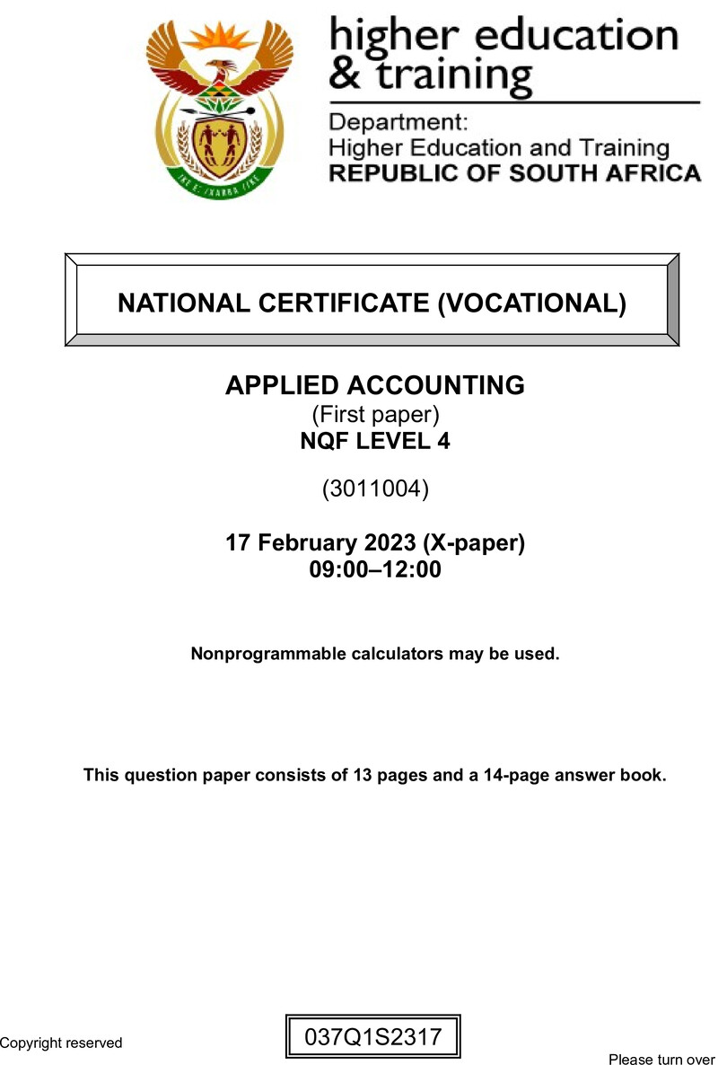 Applied Accounting Level 4 DHET NCV February 2023 Paper X - Question Paper