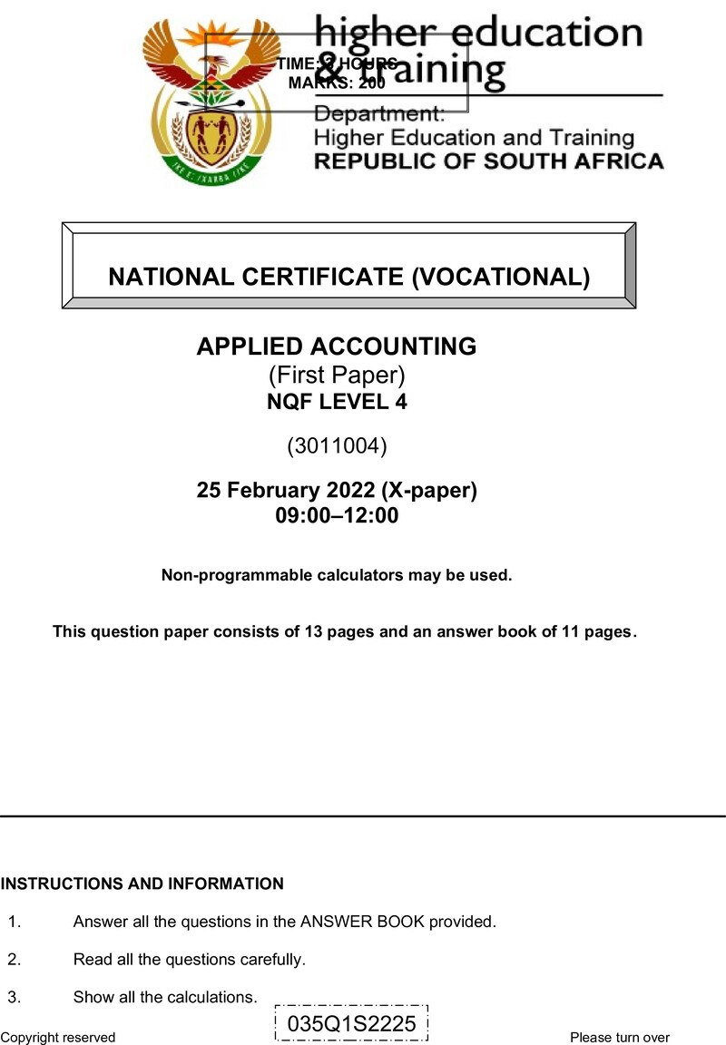Applied Accounting Level 4 DHET NCV February 2022 Paper X - Question Paper