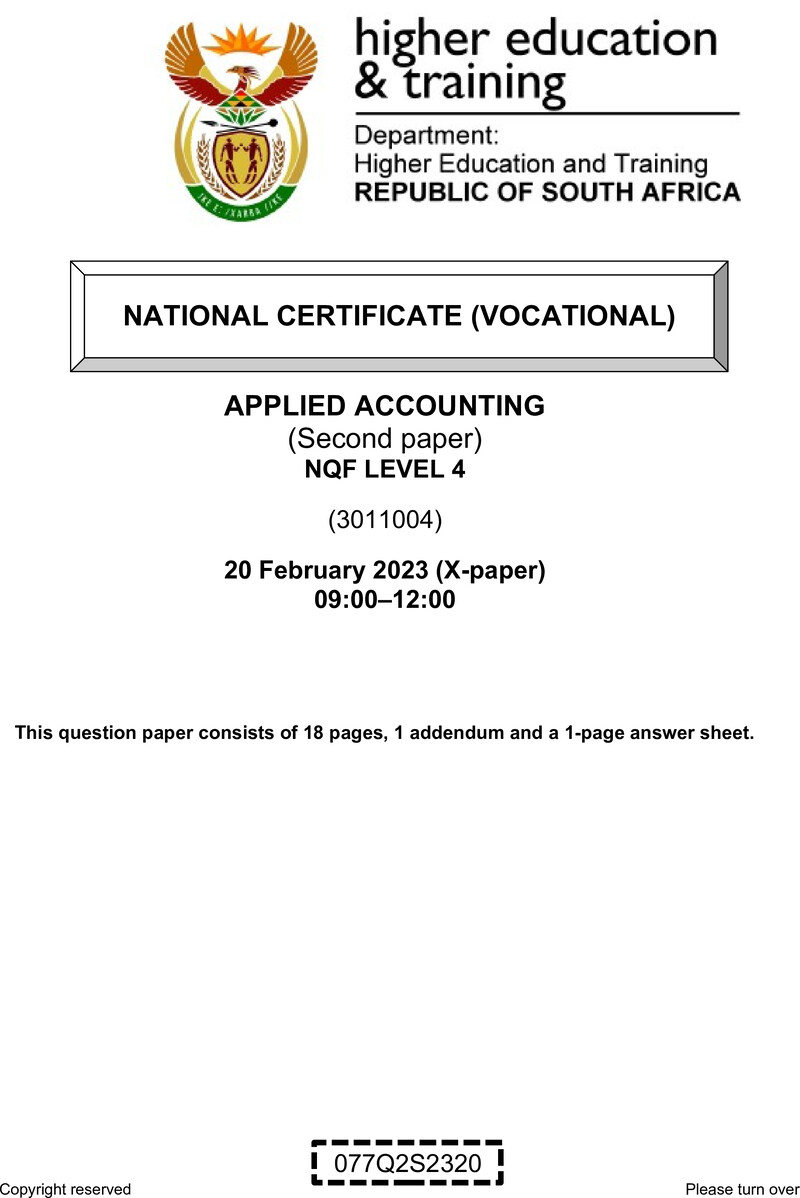 Applied Accounting Level 4 DHET NCV February 2023 Paper X - Question Paper