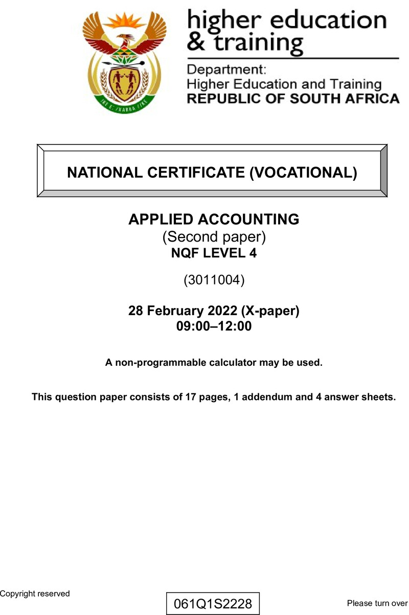 Applied Accounting Level 4 DHET NCV February 2022 Paper X - Question Paper
