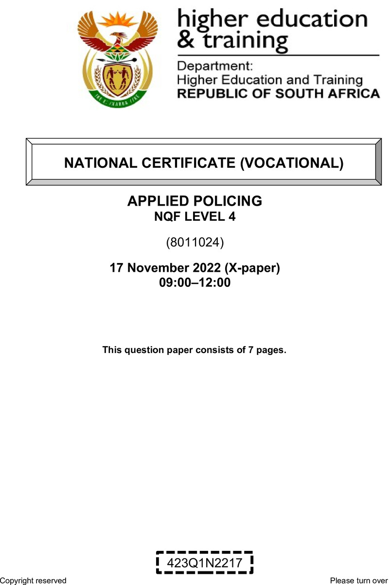 Applied Policing Level 4 DHET NCV November 2022 Paper X - Question Paper