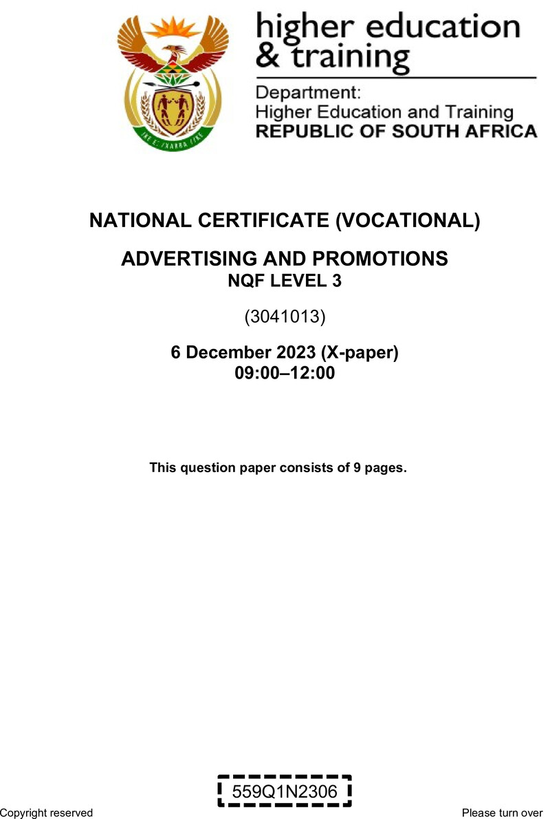 Advertising and Promotions Level 3 DHET NCV December 2023 Paper X - Question Paper