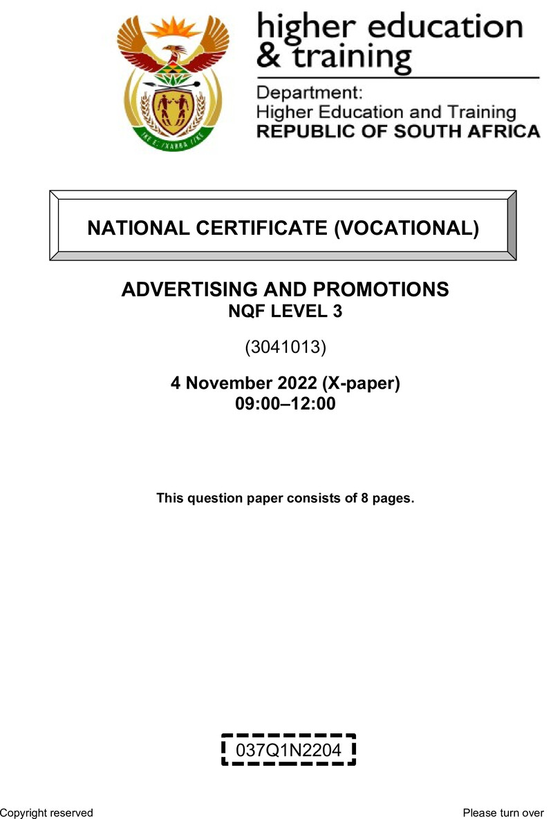 Advertising and Promotions Level 3 DHET NCV November 2022 Paper X - Question Paper