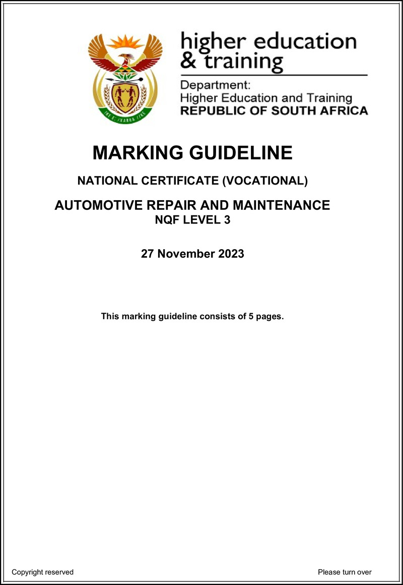 Automotive Repair and Maintenance Level 3 DHET NCV 2023 - Memo