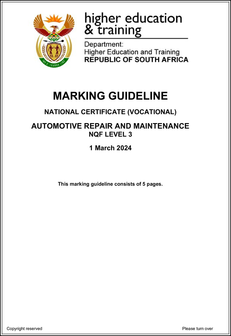Automotive Repair and Maintenance Level 3 DHET NCV March 2024 - Memo