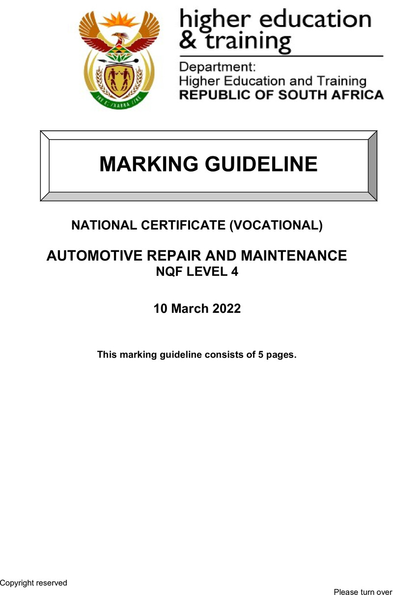 Automotive Repair and Maintenance Level 4 DHET NCV March 2022 - Memo