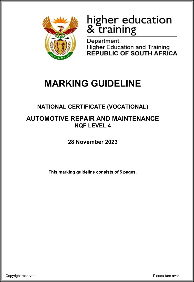 Automotive Repair and Maintenance Level 4 DHET NCV 2023 - Memo