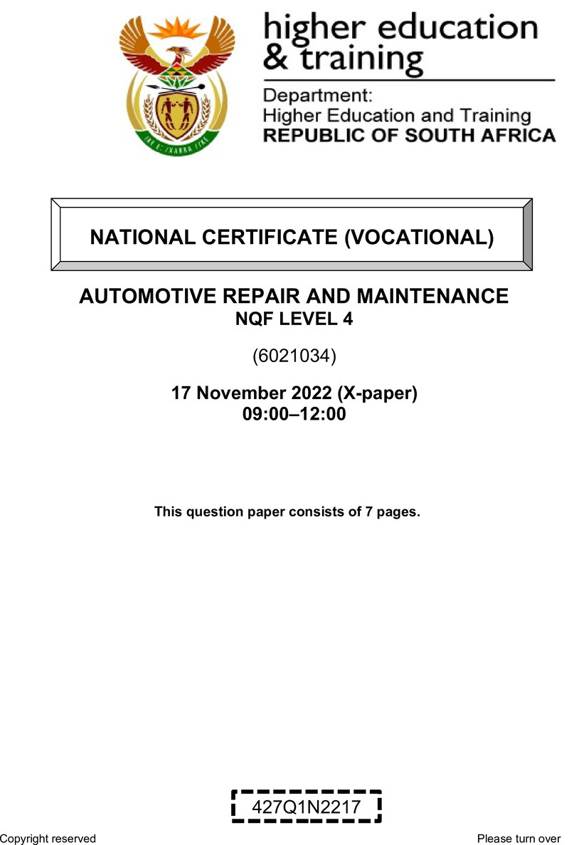 Automotive Repair and Maintenance Level 4 DHET NCV November 2022 Paper X - Question Paper