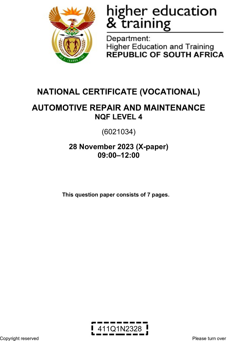 Automotive Repair and Maintenance Level 4 DHET NCV November 2023 Paper X - Question Paper