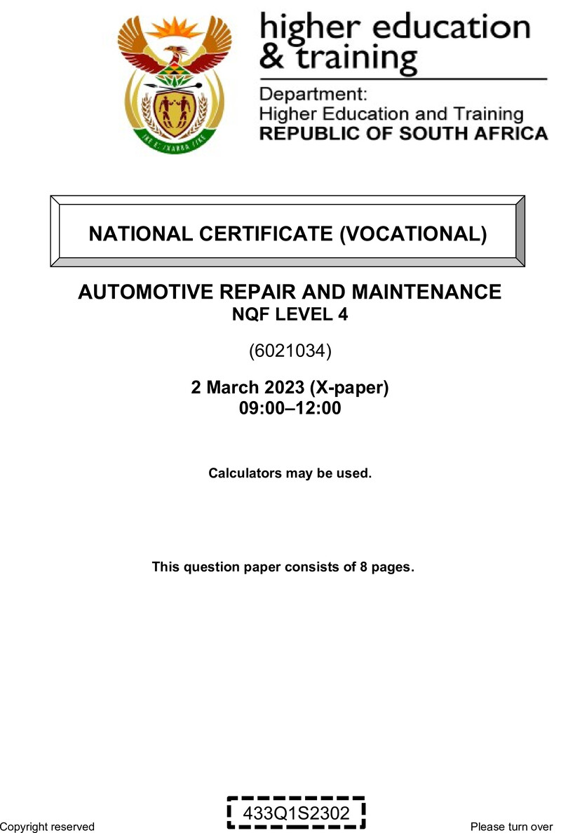 Automotive Repair and Maintenance Level 4 DHET NCV March 2023 Paper X - Question Paper
