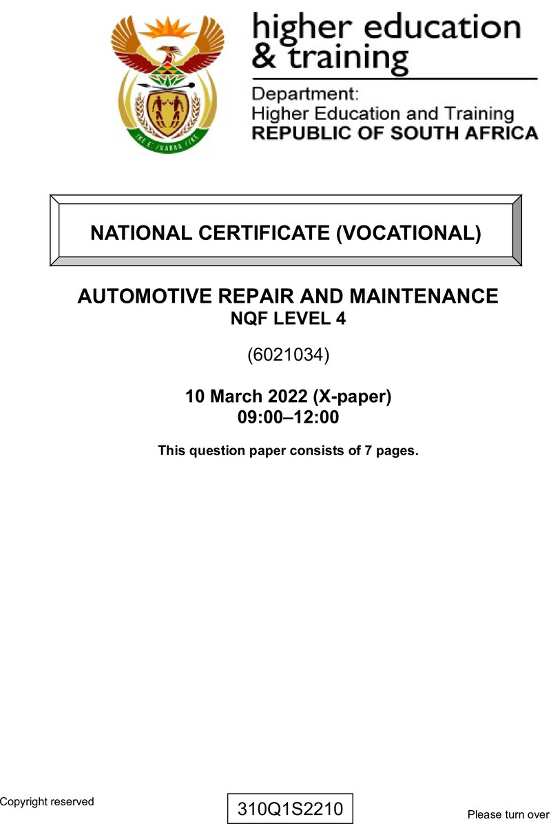 Automotive Repair and Maintenance Level 4 DHET NCV March 2022 Paper X - Question Paper