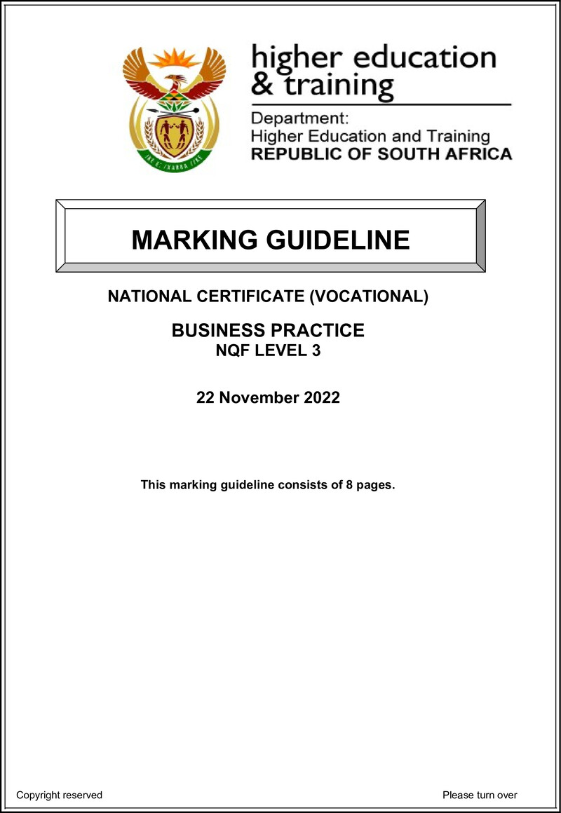 Business Practice Level 3 DHET NCV 2022 - Memo