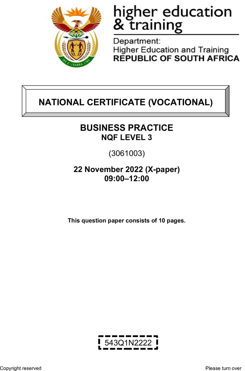 Business Practice Level 3 DHET NCV 2022 Paper X - Question Paper