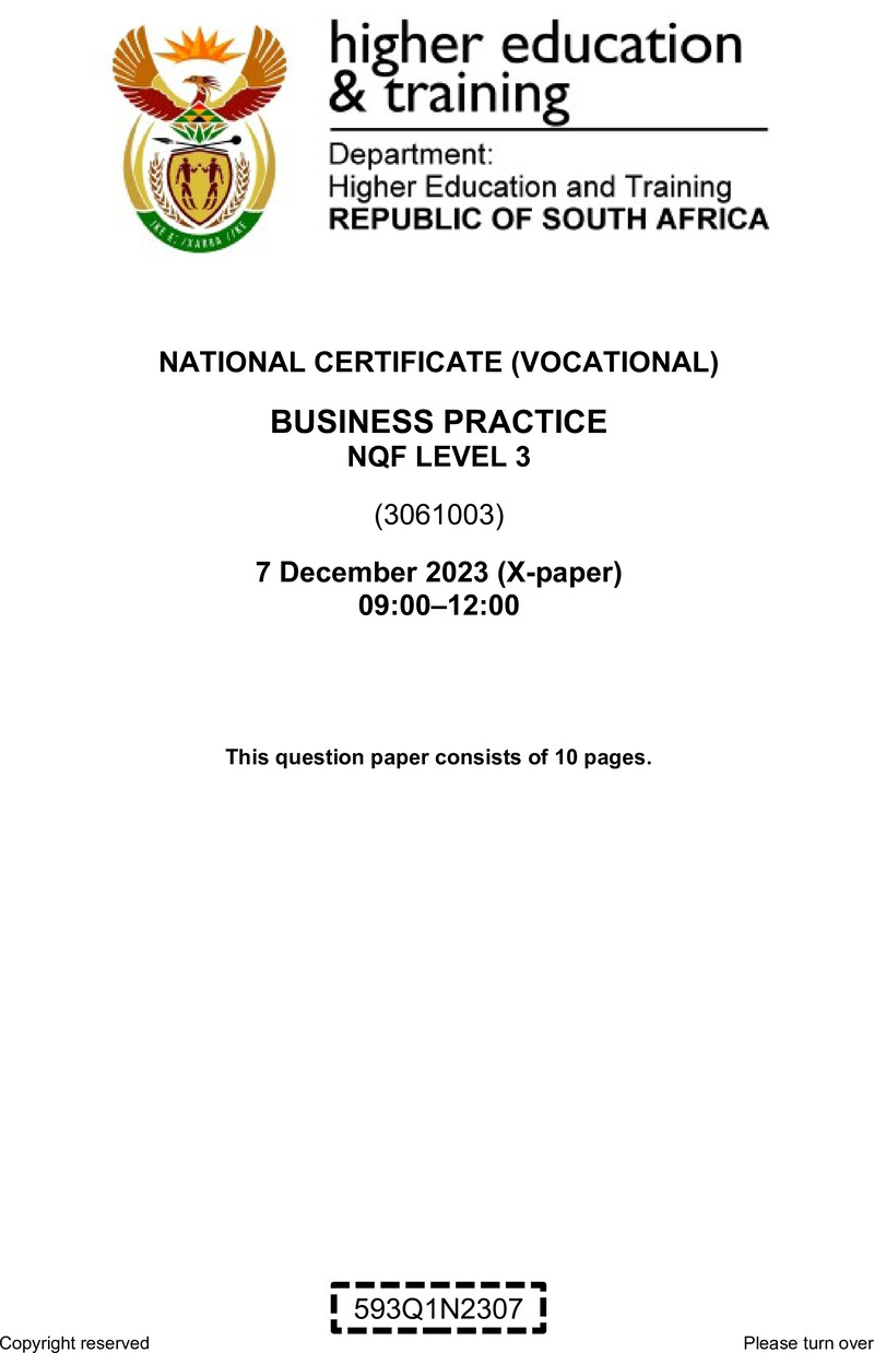 Business Practice Level 3 DHET NCV December 2023 Paper X - Question Paper