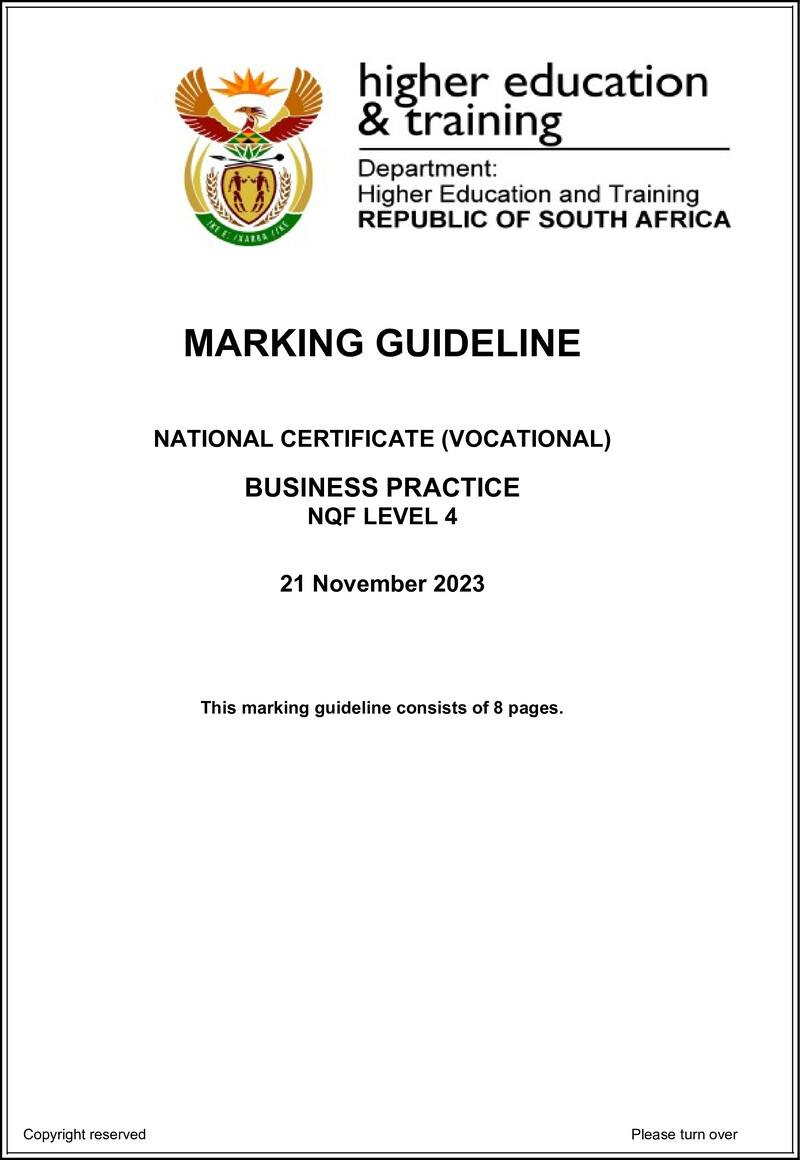 Business Practice Level 4 DHET NCV 2023 - Memo