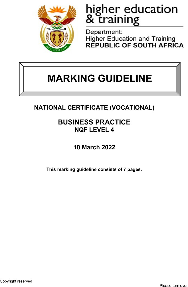 Business Practice Level 4 DHET NCV March 2022 - Memo