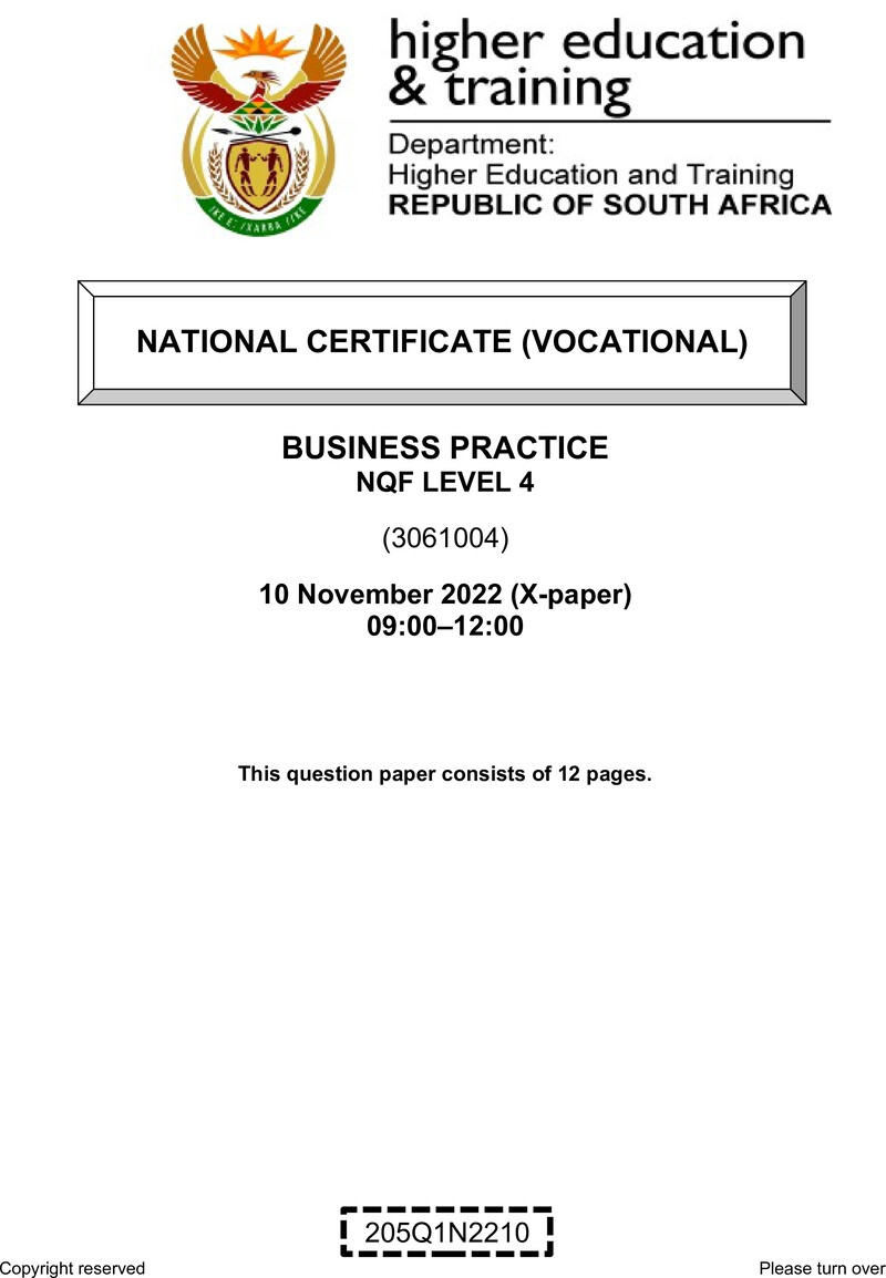 Business Practice Level 4 DHET NCV November 2022 Paper X - Question Paper