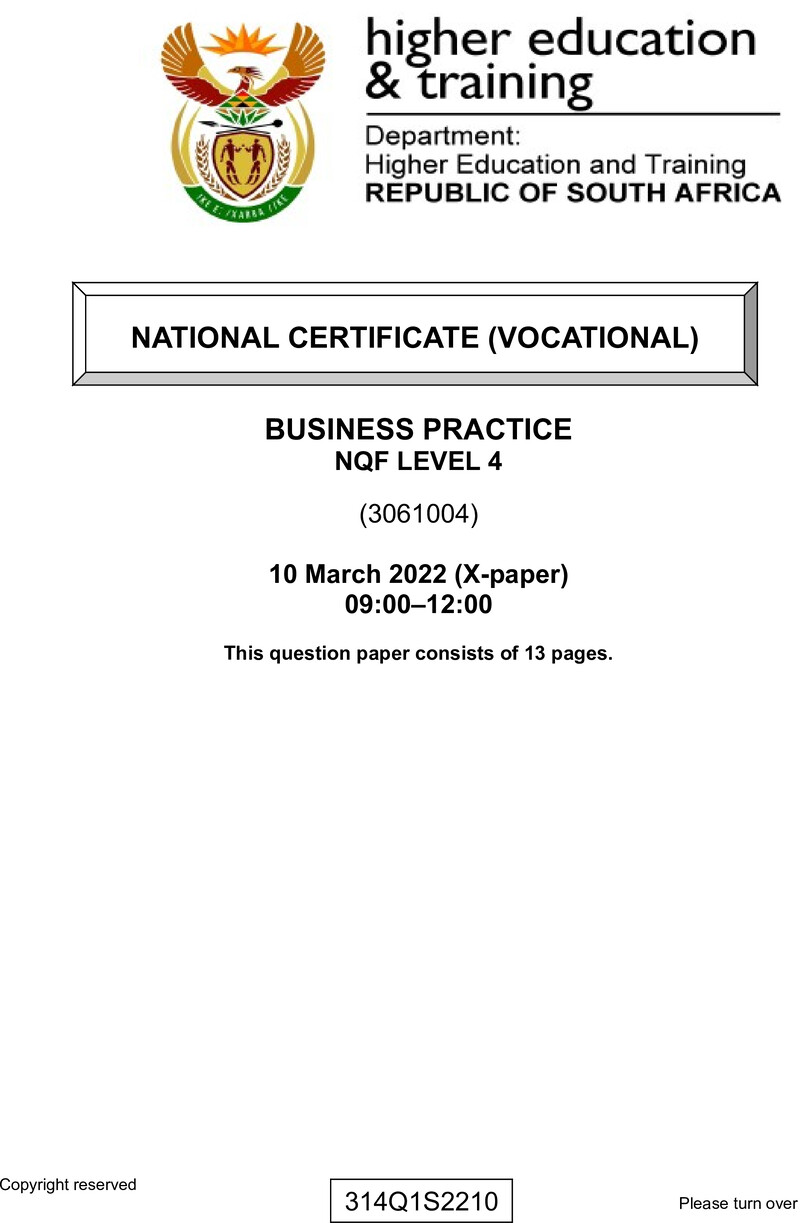 Business Practice Level 4 DHET NCV March 2022 Paper X - Question Paper