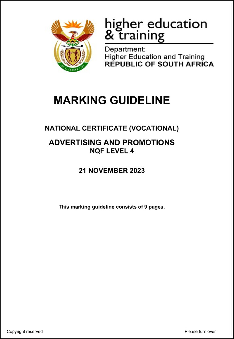 Advertising and Promotions Level 4 DHET NCV November 2023 - Memo