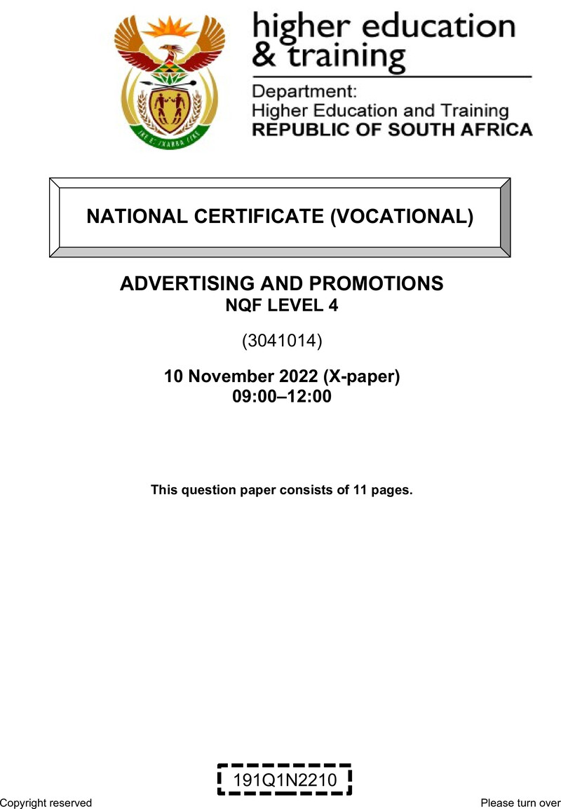 Advertising and Promotions Level 4 DHET NCV November 2022 Paper X - Question Paper