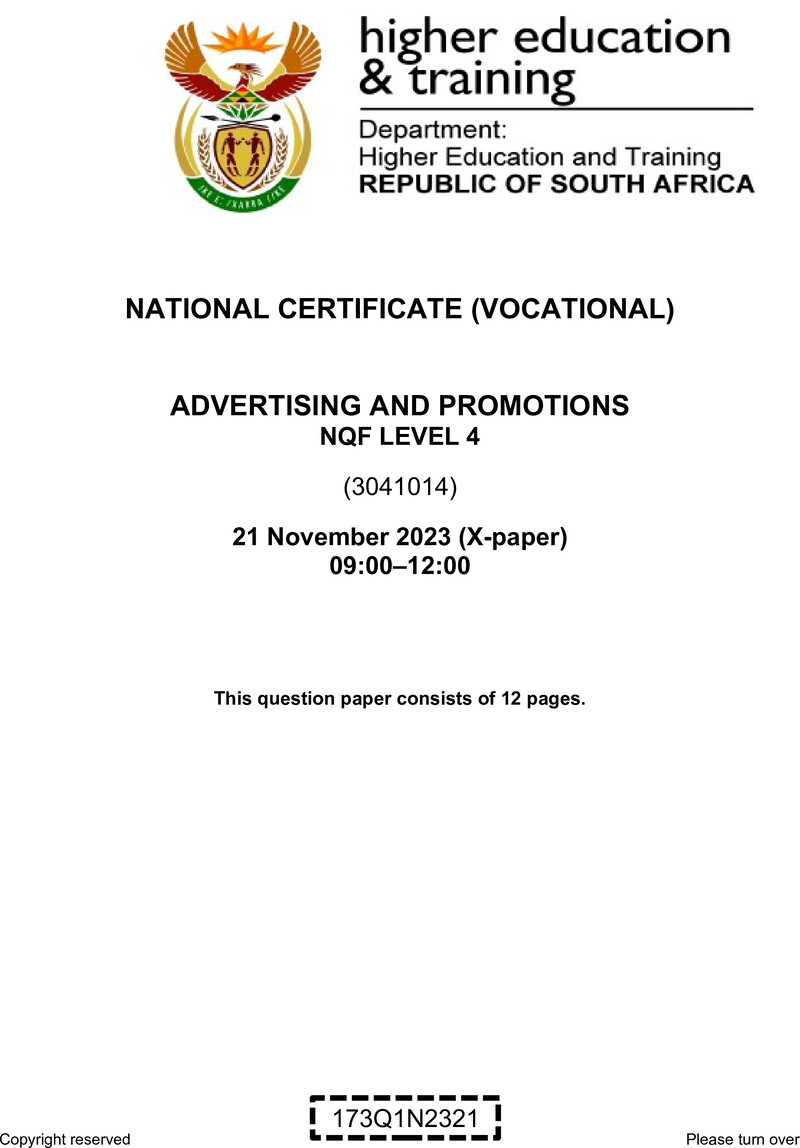 Advertising and Promotions Level 4 DHET NCV November 2023 Paper X - Question Paper