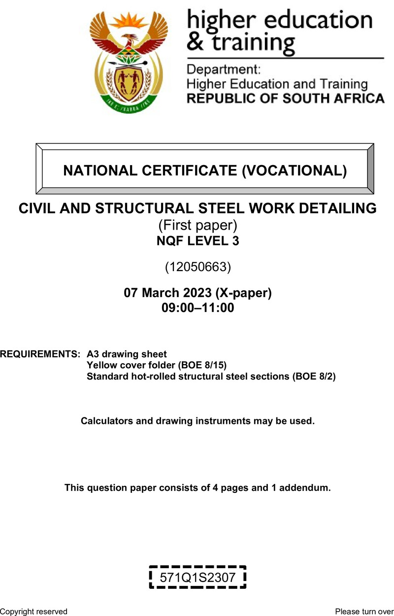 Civil and Structural Steelwork Detailing Level 3 DHET NCV March 2023 Paper X - Question Paper