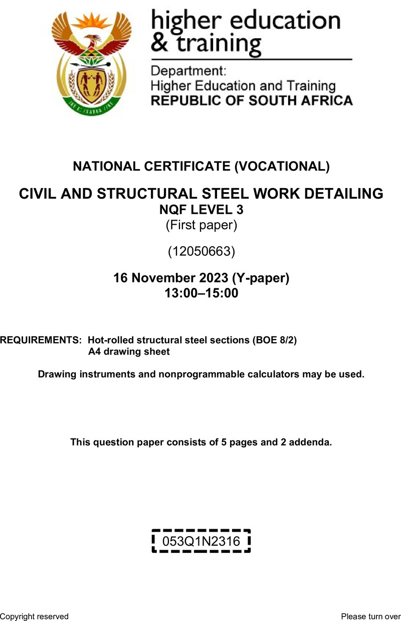 Civil and Structural Steelwork Detailing Level 3 DHET NCV November 2023 Paper Y - Question Paper