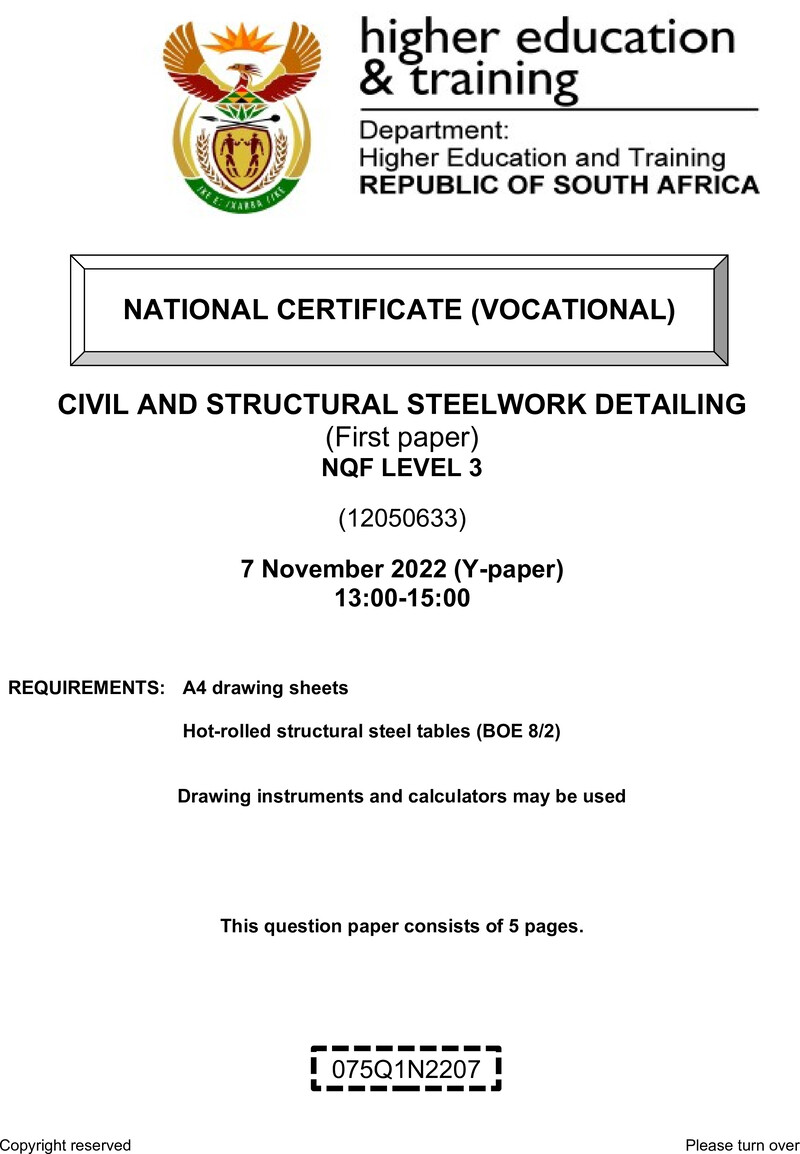 Civil and Structural Steelwork Detailing Level 3 DHET NCV November 2022 Paper Y - Question Paper