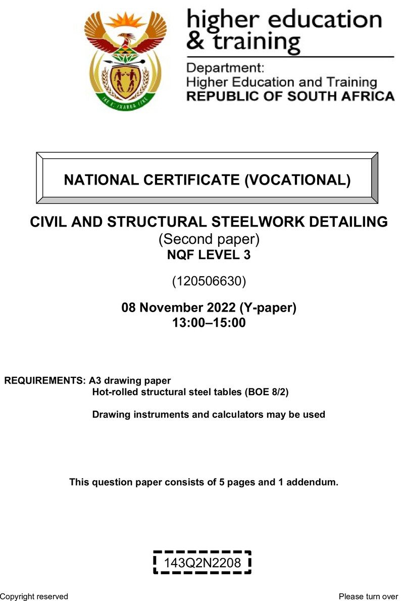 Civil and Structural Steelwork Detailing Level 3 DHET NCV November 2022 Paper Y - Question Paper