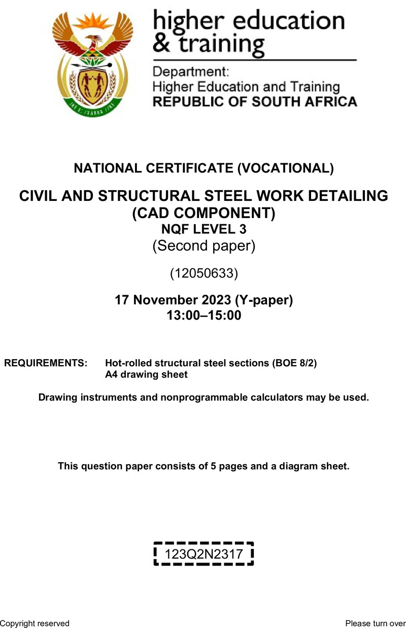 Civil and Structural Steelwork Detailing Level 3 DHET NCV November 2023 Paper Y - Question Paper
