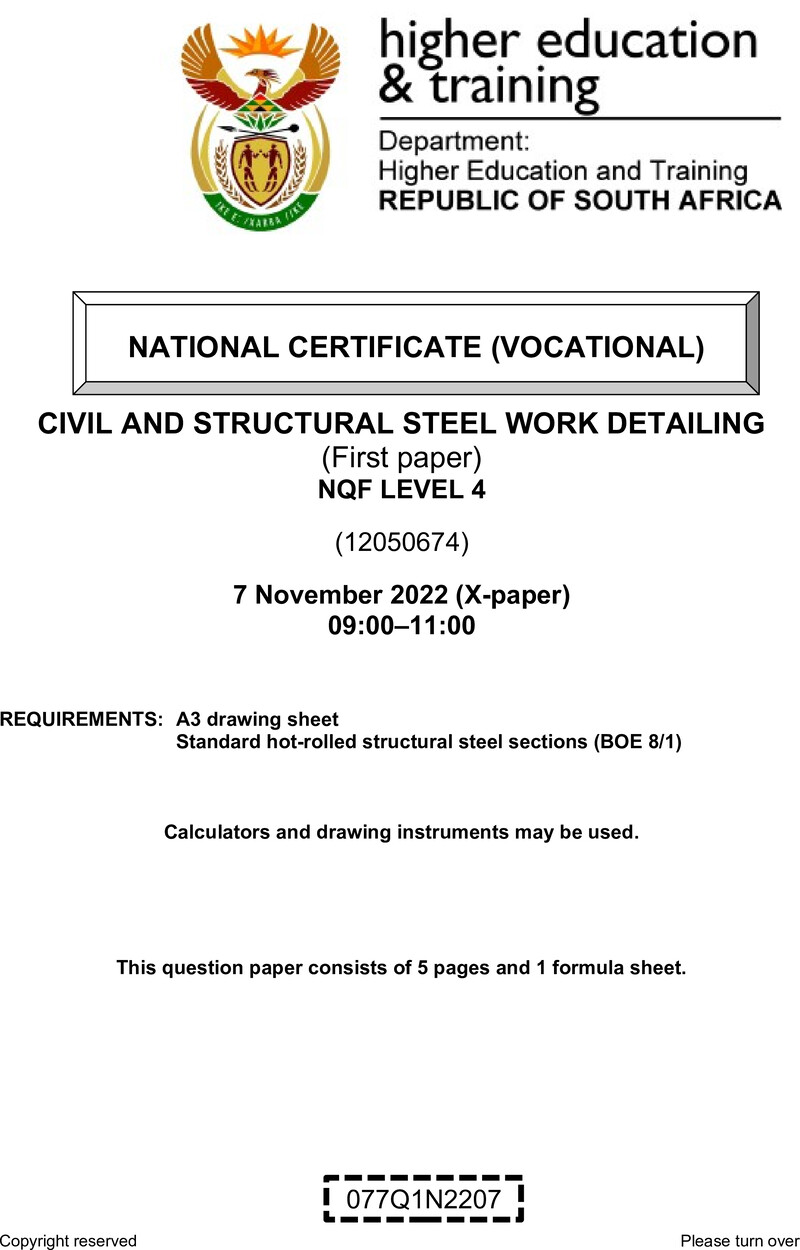 Civil and Structural Steelwork Detailing Level 4 DHET NCV November 2022 Paper X - Question Paper