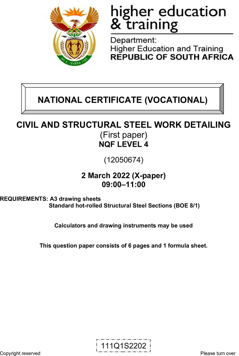 Civil and Structural Steelwork Detailing Level 4 DHET NCV March 2022 Paper X - Question Paper