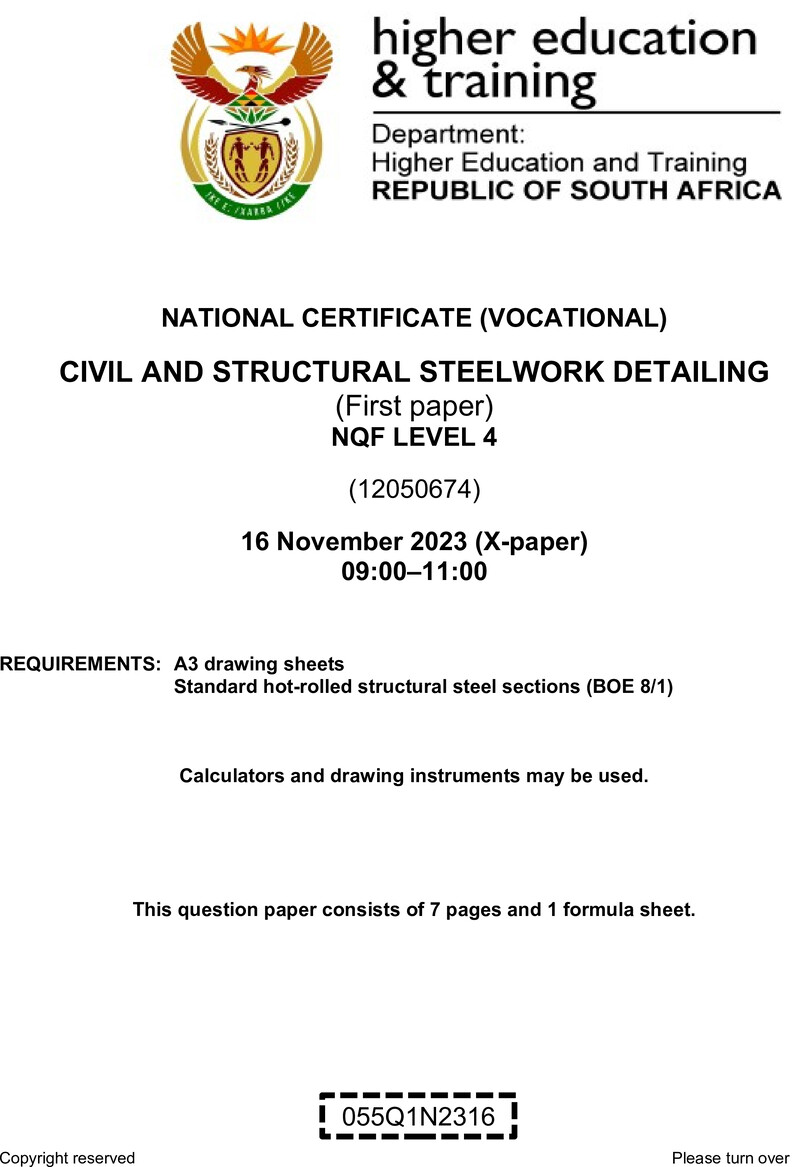 Civil and Structural Steelwork Detailing Level 4 DHET NCV November 2023 Paper X - Question Paper