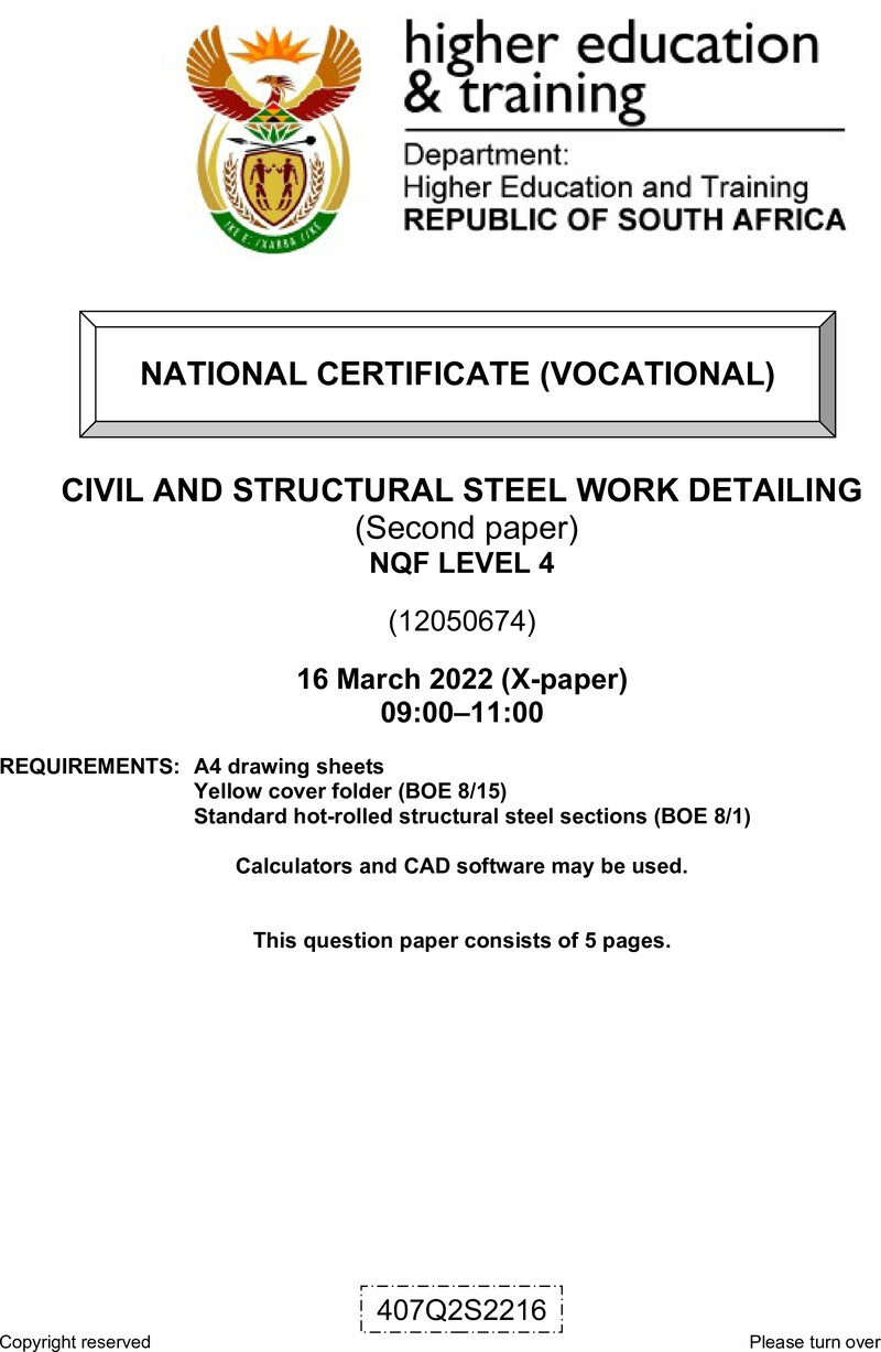 Civil and Structural Steelwork Detailing Level 4 DHET NCV March 2022 Paper X - Question Paper