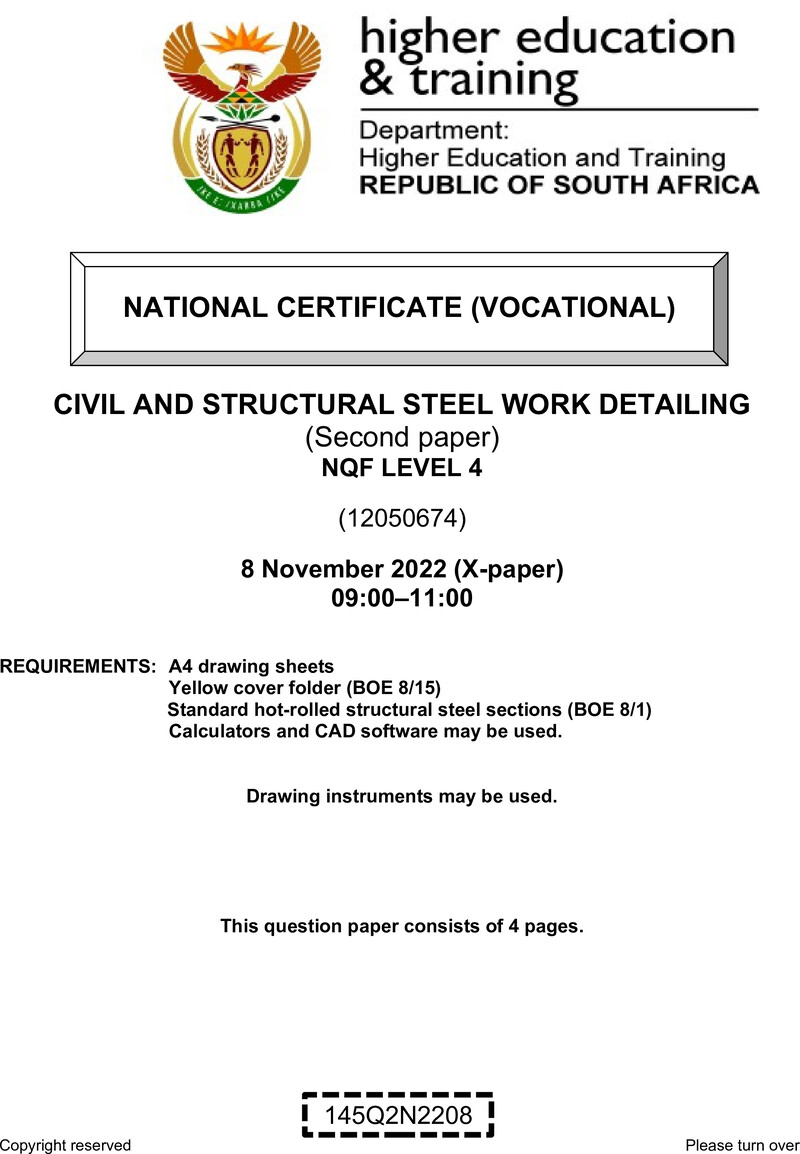 Civil and Structural Steelwork Detailing Level 4 DHET NCV November 2022 Paper X - Question Paper