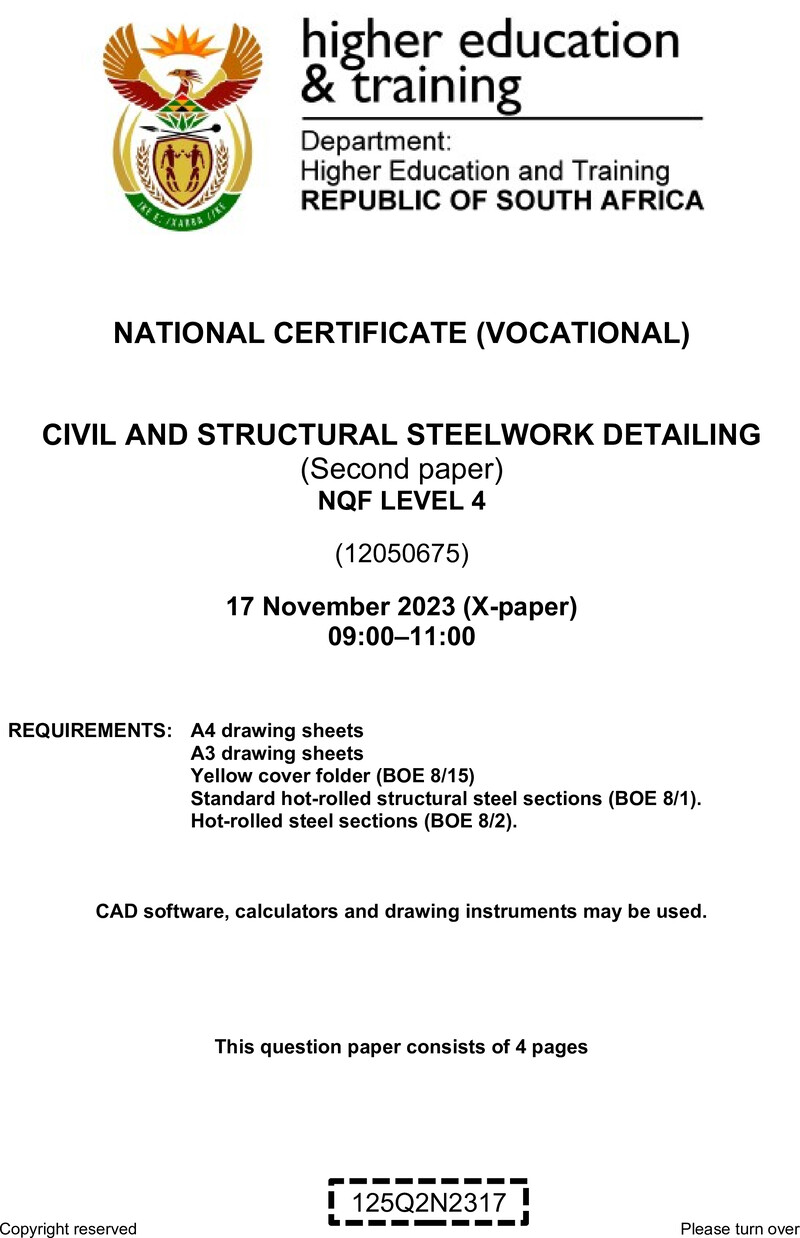 Civil and Structural Steelwork Detailing Level 4 DHET NCV November 2023 Paper X - Question Paper