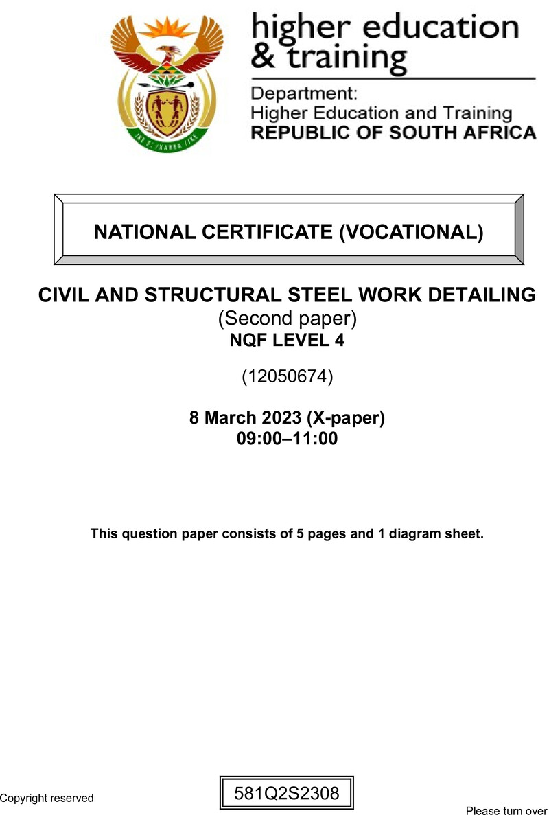 Civil and Structural Steelwork Detailing Level 4 DHET NCV March 2023 Paper X - Question Paper