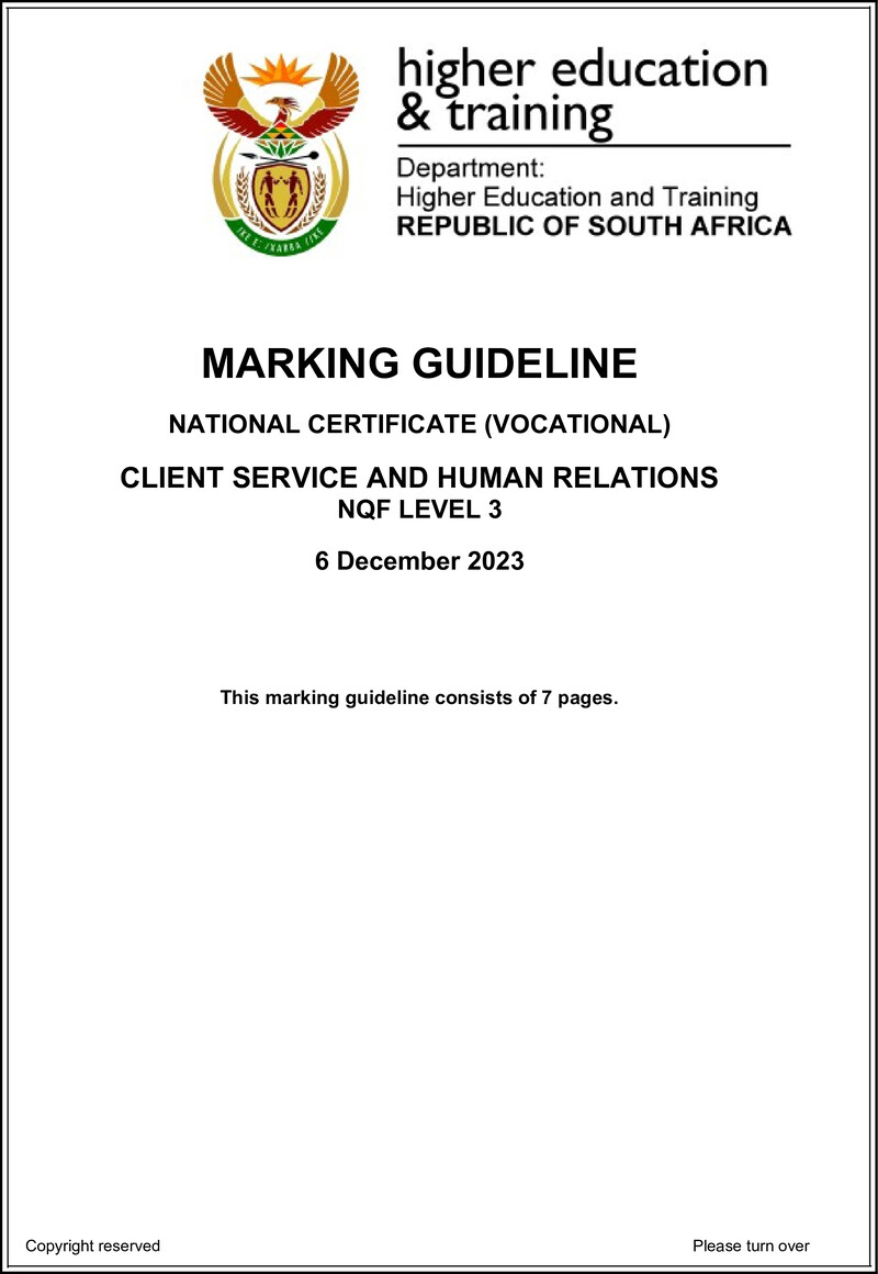 Client Services and Human Relations Level 3 DHET NCV December 2023 - Memo