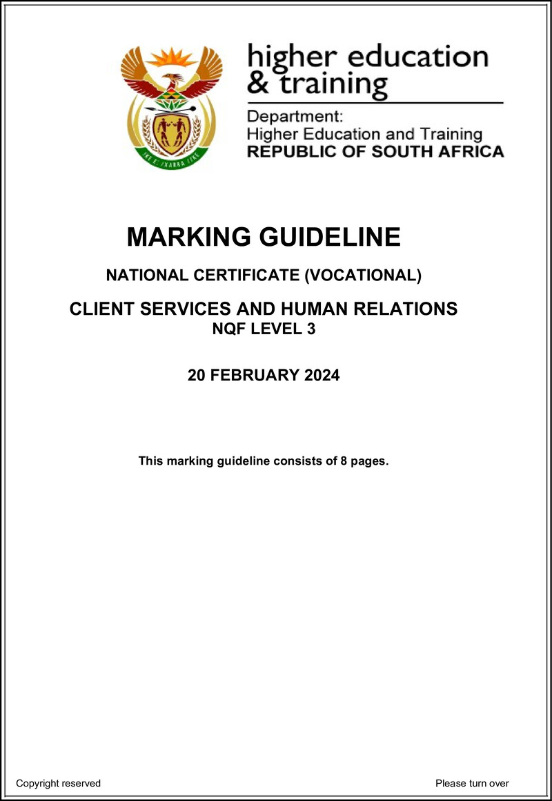 Client Services and Human Relations Level 3 DHET NCV February 2024 - Memo