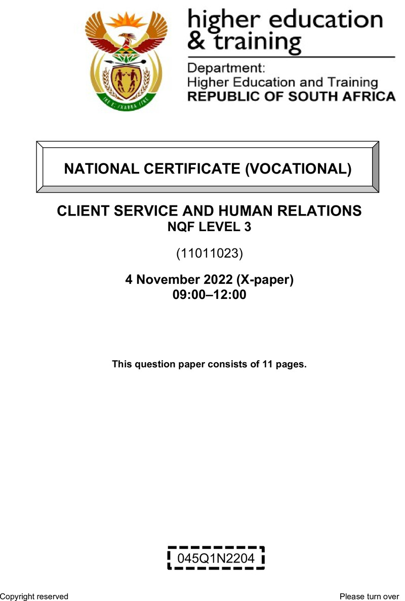 Client Services and Human Relations Level 3 DHET NCV November 2022 Paper X - Question Paper