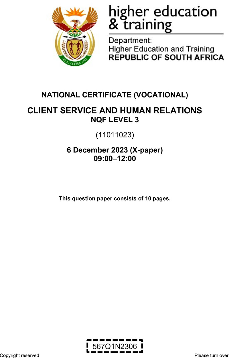 Client Services and Human Relations Level 3 DHET NCV December 2023 Paper X - Question Paper