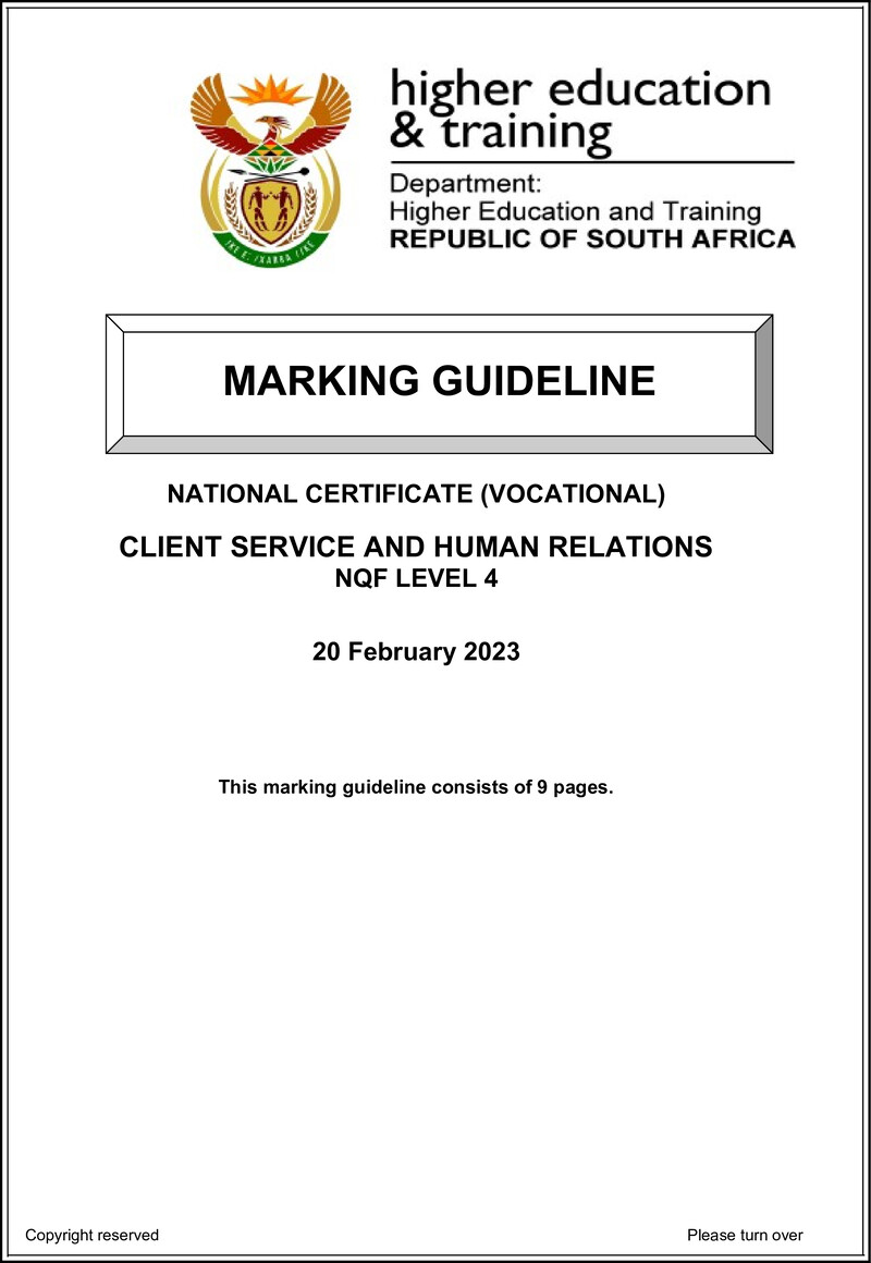Client Services and Human Relations Level 4 DHET NCV 2023 - Memo