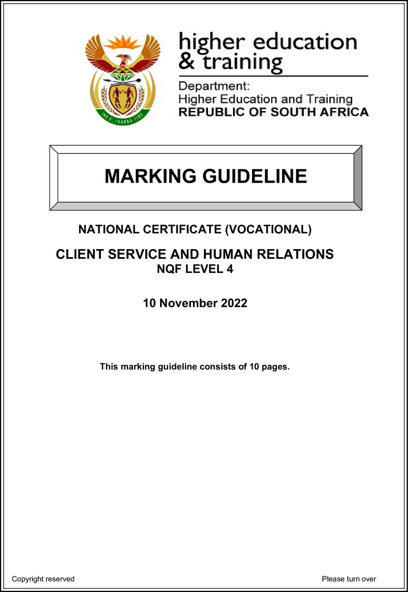 Client Services and Human Relations Level 4 DHET NCV 2022 - Memo
