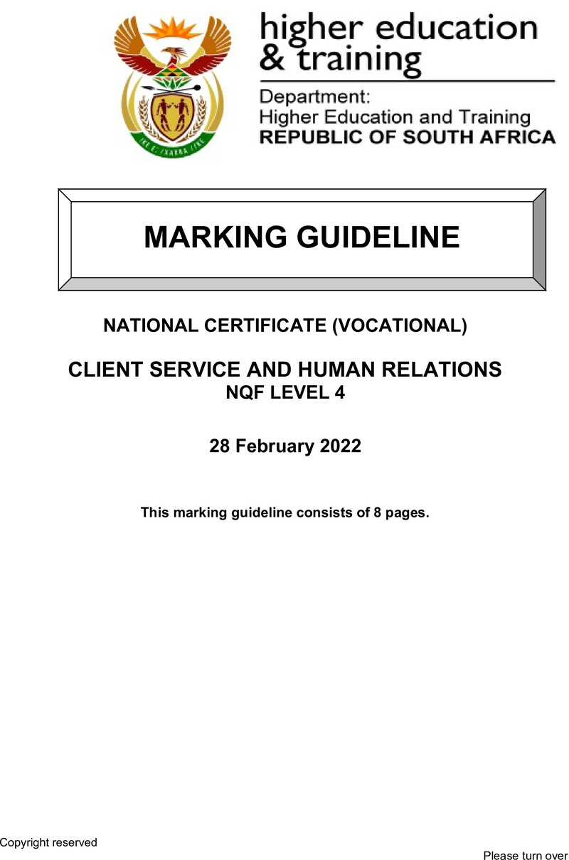 Client Services and Human Relations Level 4 DHET NCV 2022 - Memo