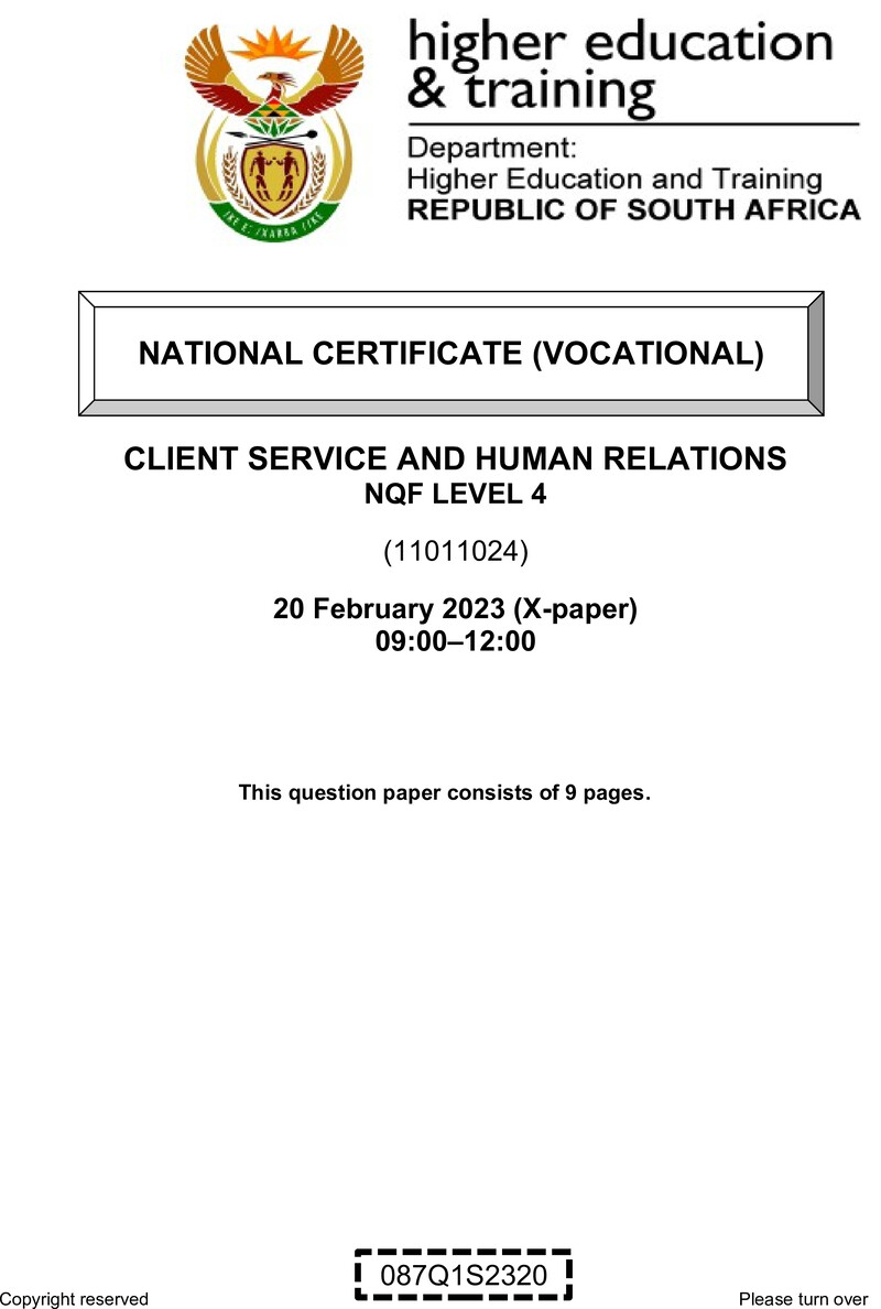 Client Services and Human Relations Level 4 DHET NCV February 2023 Paper X - Question Paper