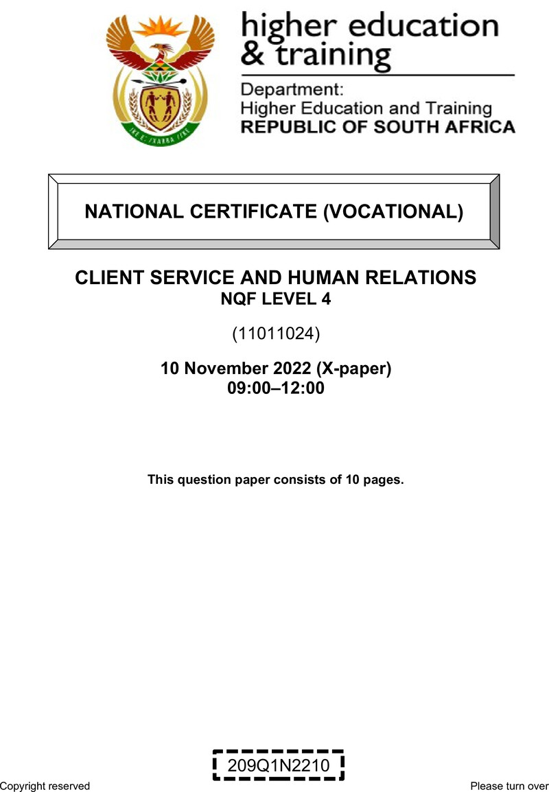Client Services and Human Relations Level 4 DHET NCV November 2022 Paper X - Question Paper