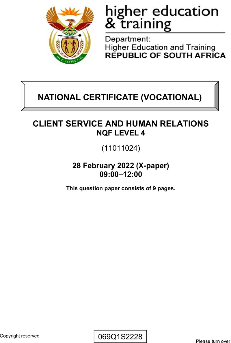 Client Services and Human Relations Level 4 DHET NCV February 2022 Paper X - Question Paper