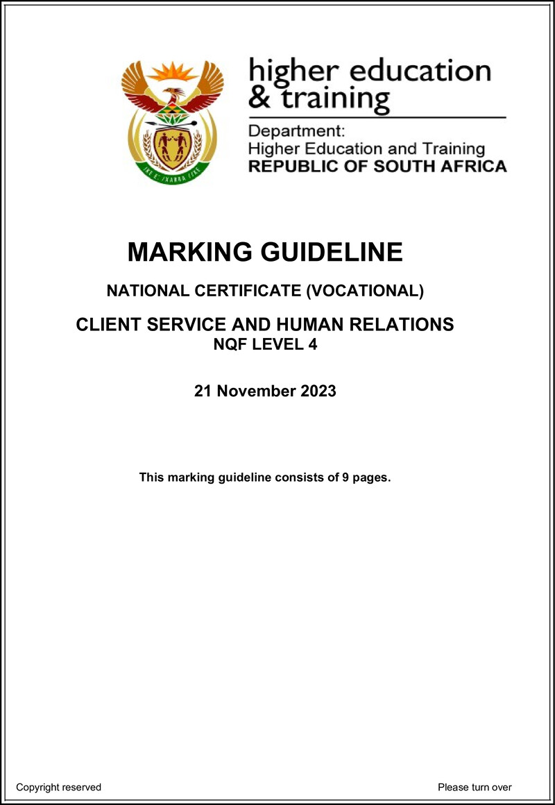 Client Services and Human Relations Level 4 DHET NCV 2023 - Memo