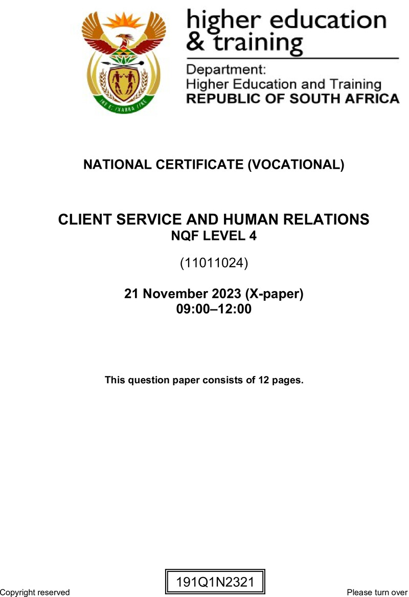 Client Services and Human Relations Level 4 DHET NCV November 2023 Paper X - Question Paper