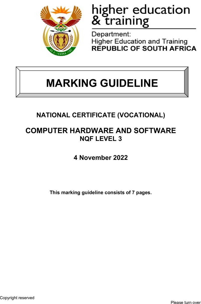 Computer Hardware and Software Level 3 DHET NCV November 2022 - Memo